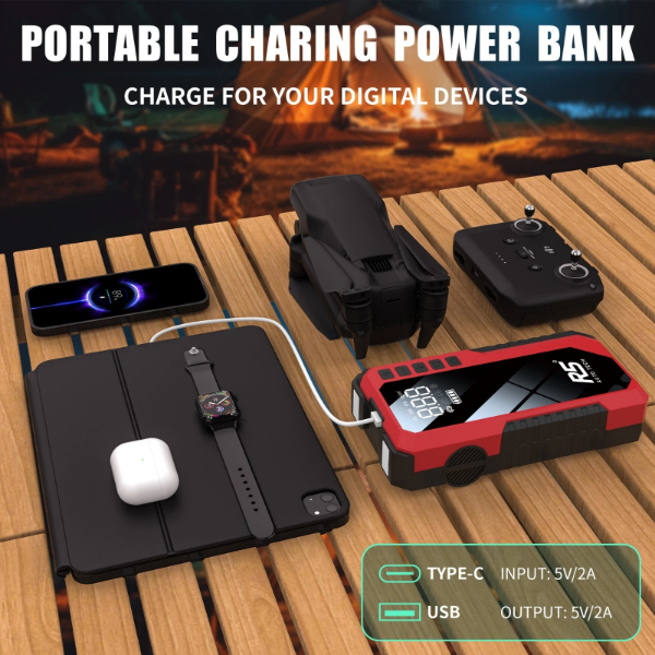 Picture of 8000mAh Jump Starter and Power Bank – 800A Peak, 4-in-1 with Air Compressor, Battery Booster RED
