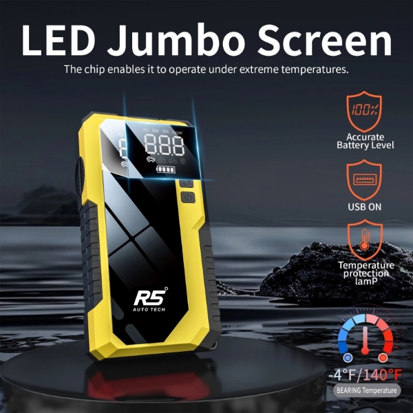Picture of 8000mAh Jump Starter and Power Bank – 800A Peak, 4-in-1 with Air Compressor, Battery Booster. Yellow