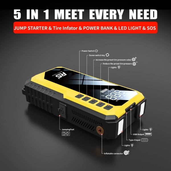 Picture of 8000mAh Jump Starter and Power Bank – 800A Peak, 4-in-1 with Air Compressor, Battery Booster. Yellow