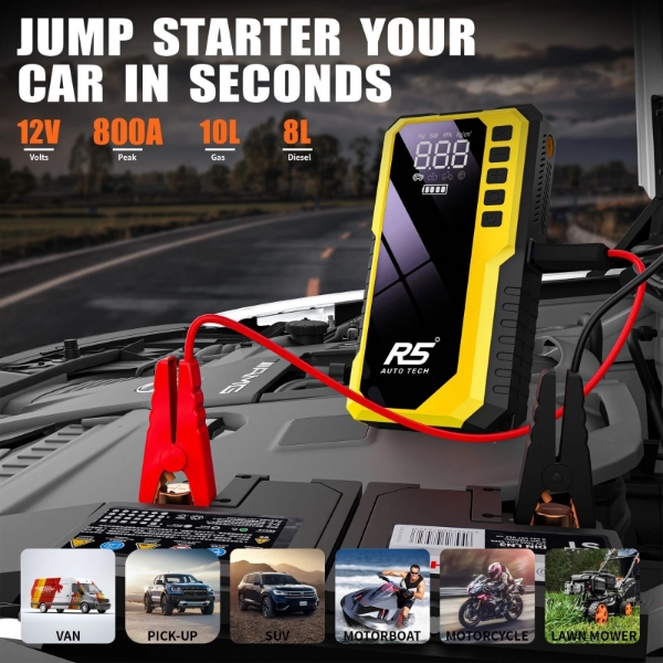Picture of 8000mAh Jump Starter and Power Bank – 800A Peak, 4-in-1 with Air Compressor, Battery Booster. Yellow