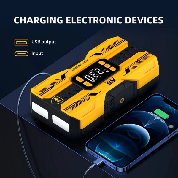Picture of Car Jump Starter 8000mAh, 800A Peak | 4-in-1 Portable Air Compressor & Power Bank Yellow