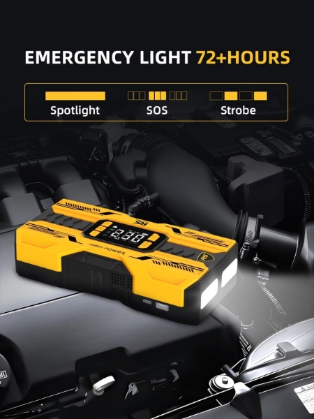 Picture of Car Jump Starter 8000mAh, 800A Peak | 4-in-1 Portable Air Compressor & Power Bank Yellow