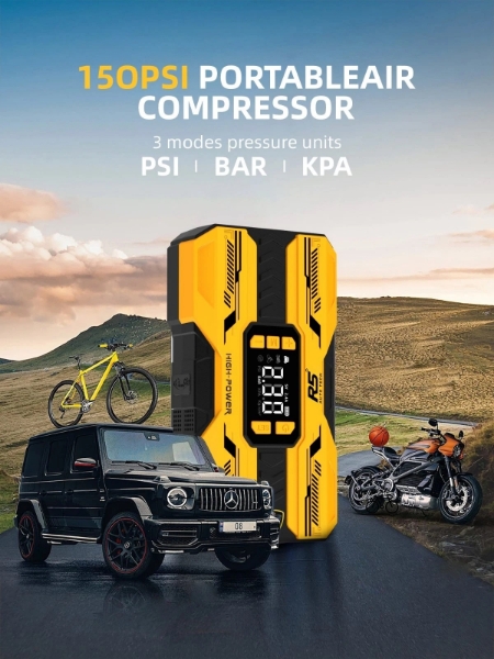 Picture of Car Jump Starter 8000mAh, 800A Peak | 4-in-1 Portable Air Compressor & Power Bank Yellow