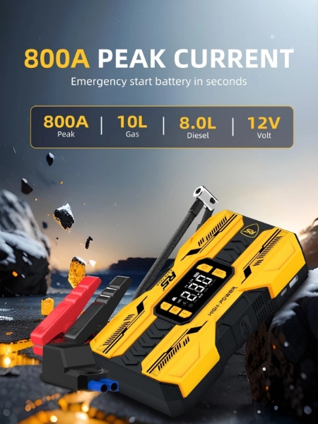 Picture of Car Jump Starter 8000mAh, 800A Peak | 4-in-1 Portable Air Compressor & Power Bank Yellow