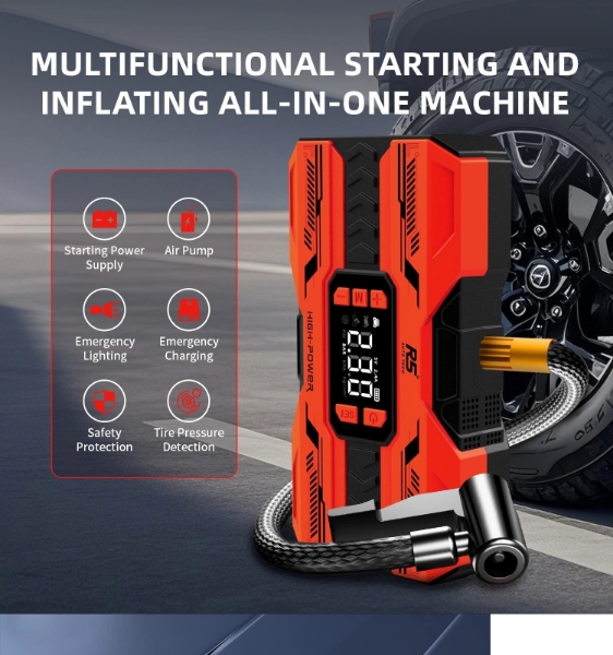 Picture of Car Jump Starter 8000mAh, 800A Peak | 4-in-1 Portable Air Compressor & Power Bank Red