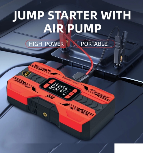 Picture of Car Jump Starter 8000mAh, 800A Peak | 4-in-1 Portable Air Compressor & Power Bank Red