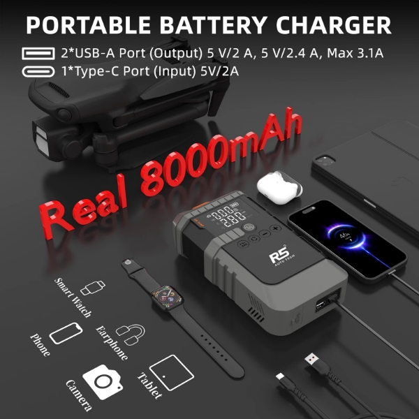 Picture of Jump Starter 8000mAh 800A Peak 4-in-1 Portable Power Bank with Air Compressor & LED Flashlight Grey