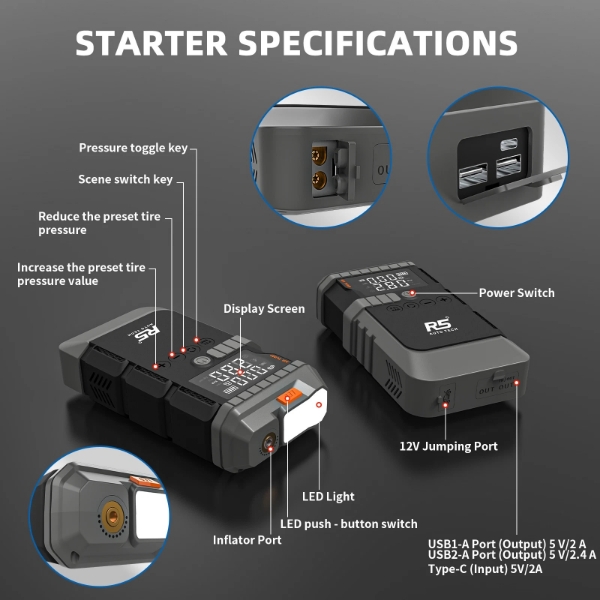 Picture of Jump Starter 8000mAh 800A Peak 4-in-1 Portable Power Bank with Air Compressor & LED Flashlight Grey