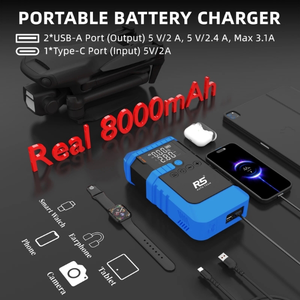 Picture of Jump Starter 8000mAh 800A Peak 4-in-1 Portable Power Bank with Air Compressor & LED Flashlight Blue