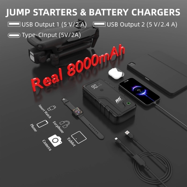 Picture of Car Jump Starter, 8000mAh, 800A Peak, 3-in-1 with LED Flashlight, Power Bank Black