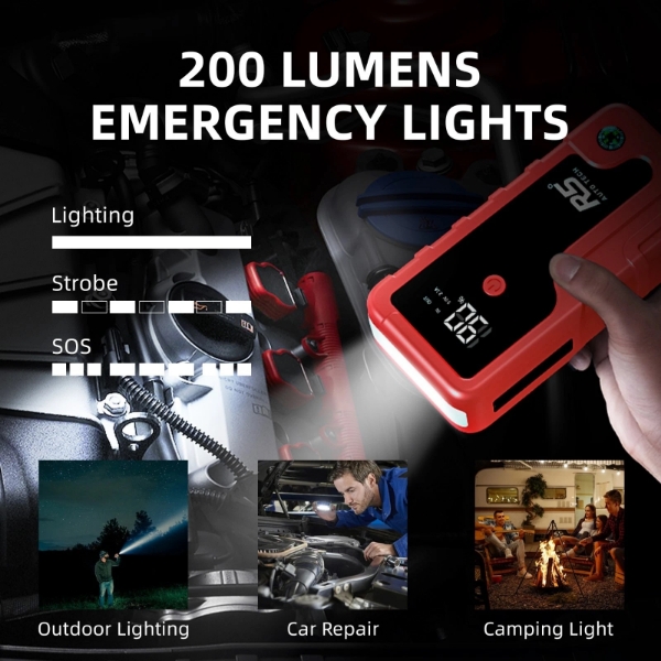 Picture of Car Jump Starter, 8000mAh, 800A Peak, 3-in-1 with LED Flashlight, Power Bank Red