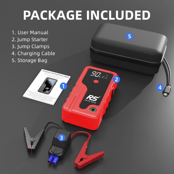 Picture of Car Jump Starter, 8000mAh, 800A Peak, 3-in-1 with LED Flashlight, Power Bank Red